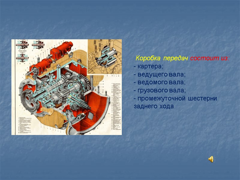 Коробка передач состоит из: - картера; - ведущего вала; - ведомого вала; - грузового